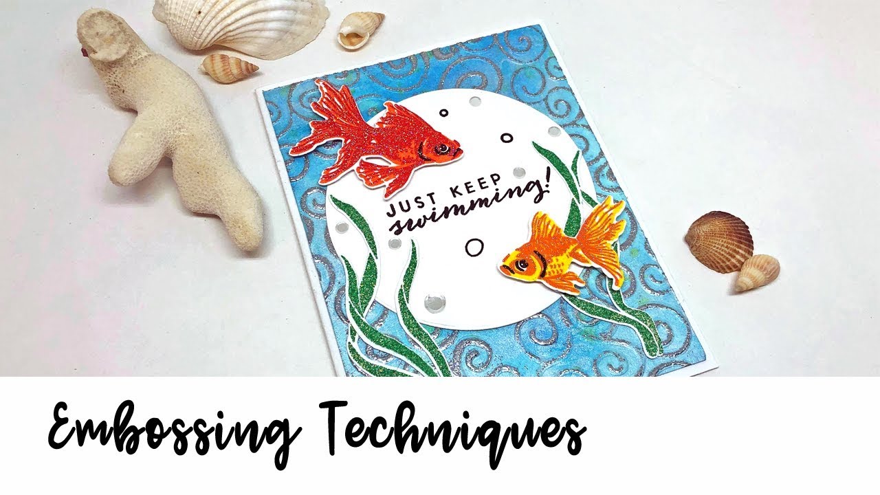 Handmade sea themed card featuring three colors of Mboss embossing powder